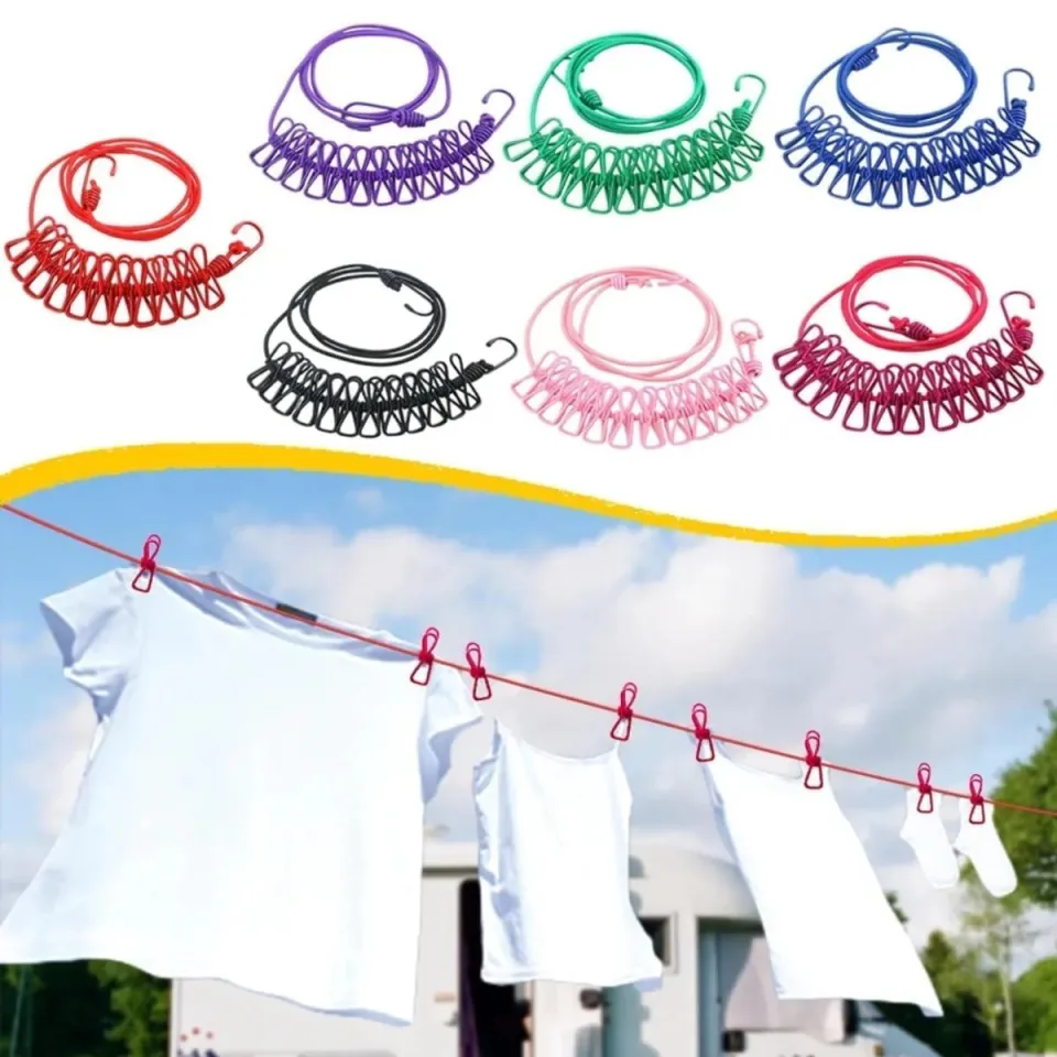 Portable Retractable Clothesline with 12 Clips – 9 Meter Elastic Clothes Drying Rope